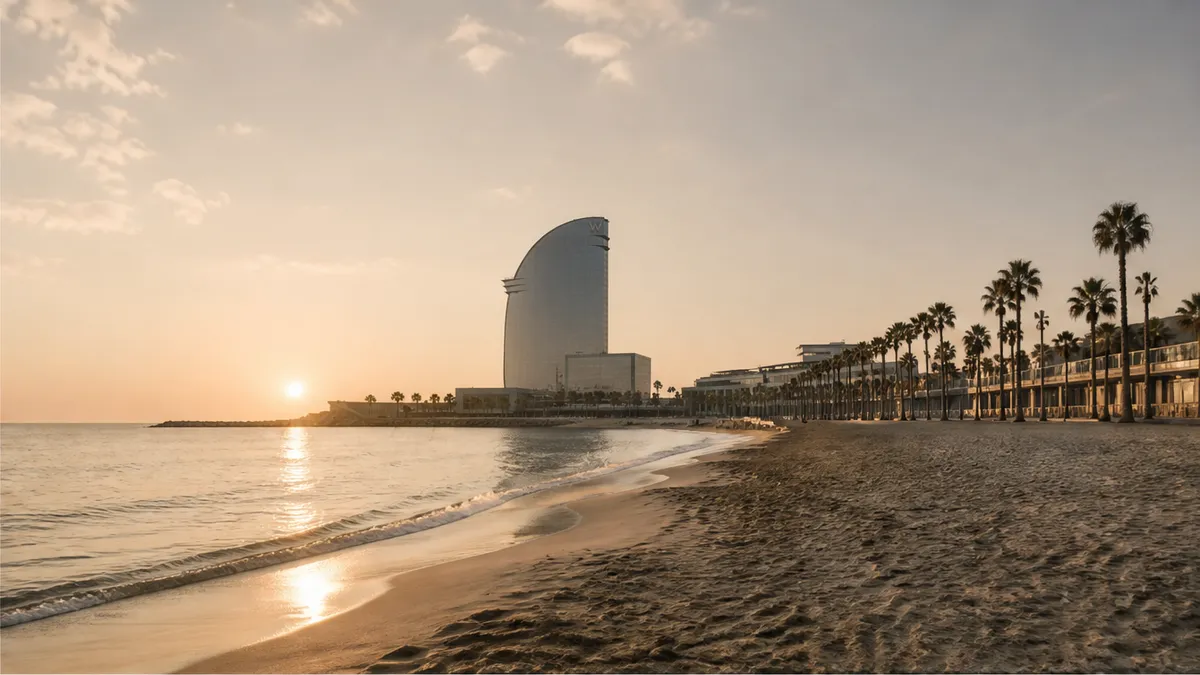 Empty Barceloneta shore at dawn suggesting kill criteria before ordering beach décor