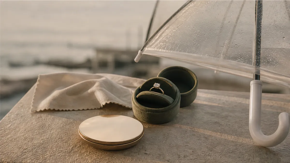 Low portable weather-safe proposal kit detail against soft coastal blur