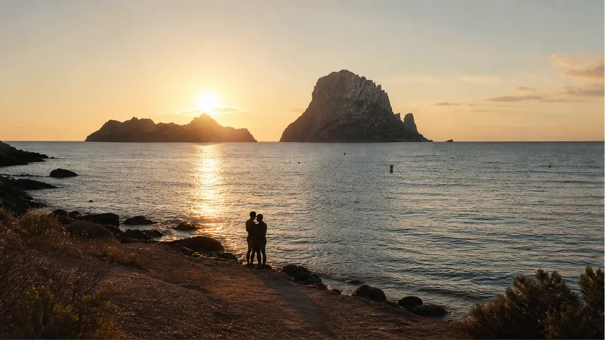 Es Vedrà rock seen from quiet Cala d’Hort at soft sunset, calm Mediterranean proposal atmosphere