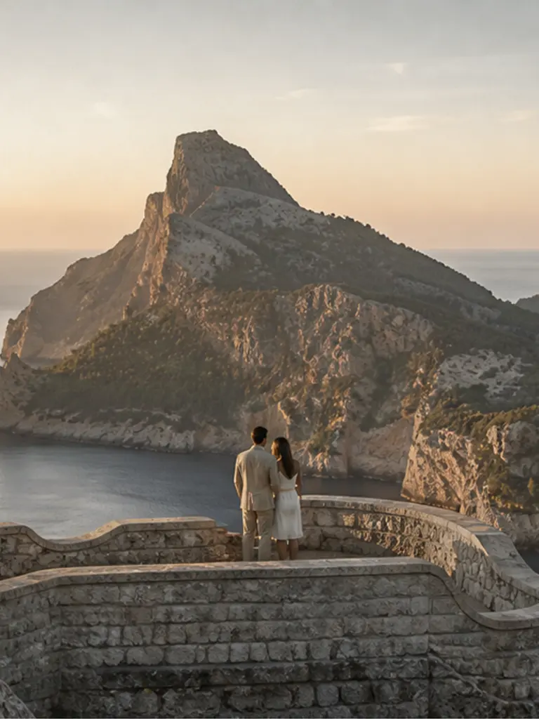 Mirador es Colomer cliff viewpoint at soft golden hour, quiet-luxury Mallorca proposal atmosphere