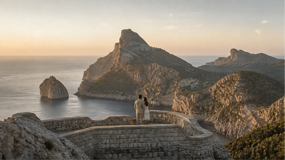 Mirador es Colomer cliff viewpoint at soft golden hour, quiet-luxury Mallorca proposal atmosphere
