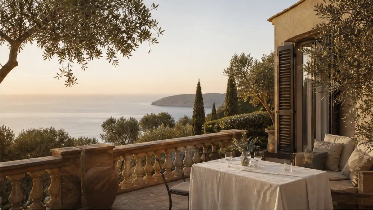 Private Mallorca finca sea-view terrace at dawn for a discreet proposal vibe
