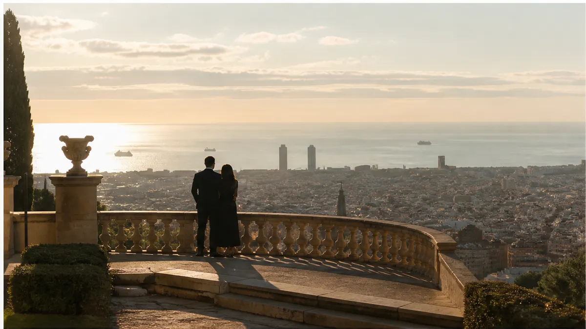 Miramar overlook over Barcelona at soft golden hour, discreet photographer distance for a luxury proposal