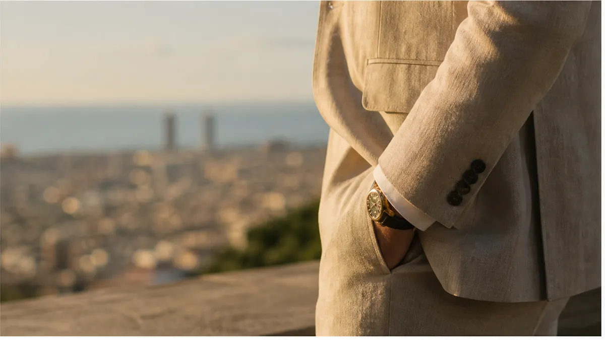Jacket cuff detail at golden hour suggesting a silent proposal photographer signal