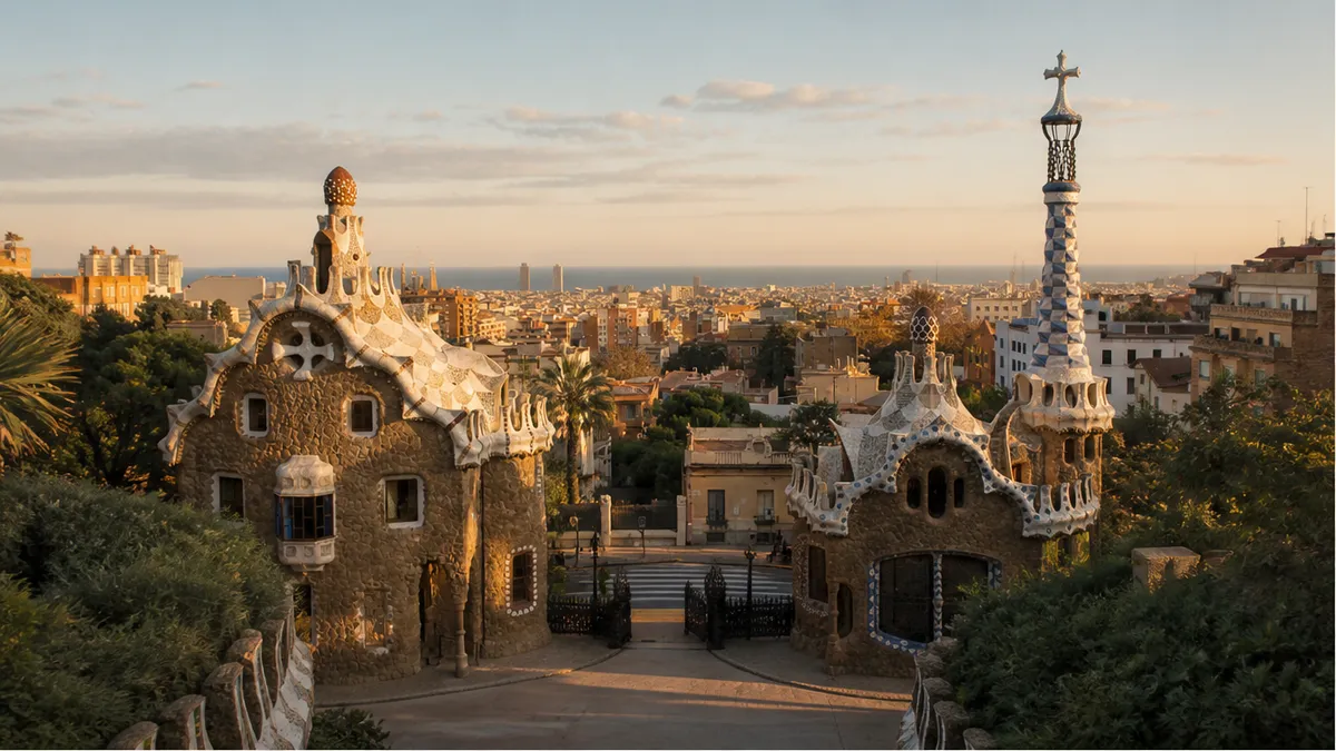 Park Güell entrance pavilions at soft golden hour, quiet-luxury Spain proposal planning mood