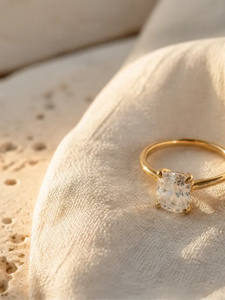 Soft gold engagement ring on linen and stone in quiet luxury warm natural light