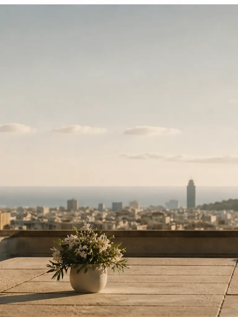 Quiet luxury Barcelona terrace at golden hour with one restrained floral vessel, no neon letters or petal hearts
