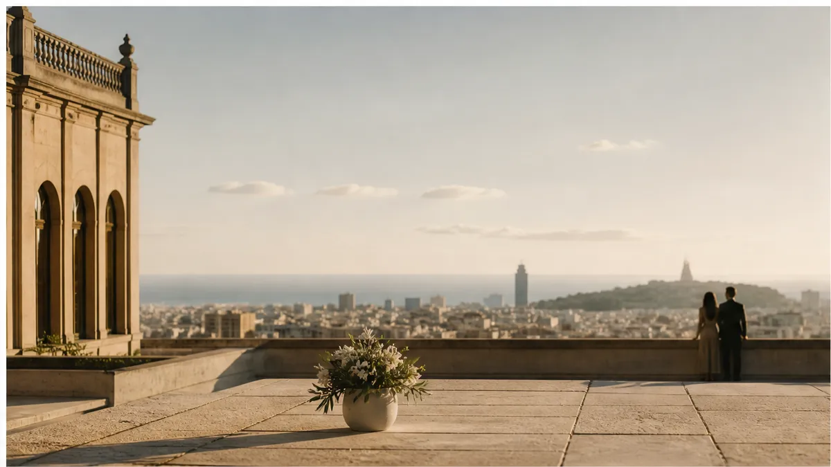 Quiet luxury Barcelona terrace at golden hour with one restrained floral vessel, no neon letters or petal hearts