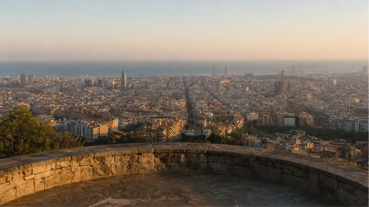 Barcelona city panorama from Turó de la Rovira at soft golden hour, empty quiet-luxury proposal viewpoint