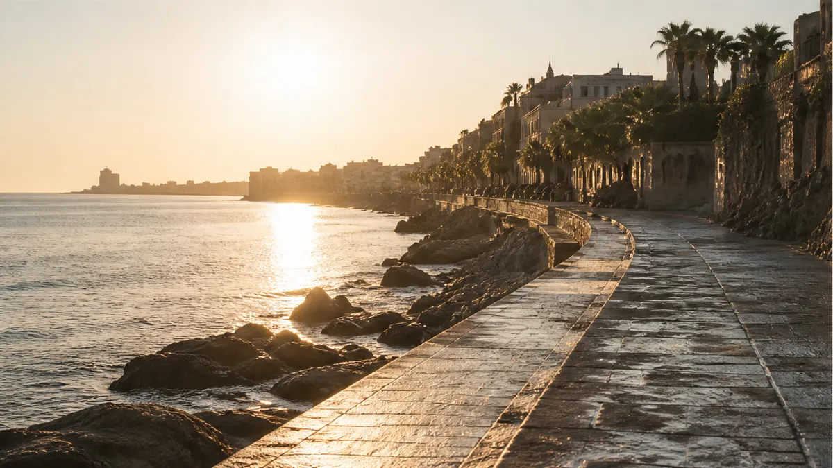 Sunrise Mediterranean coast path suggesting empty-frame proposal timing